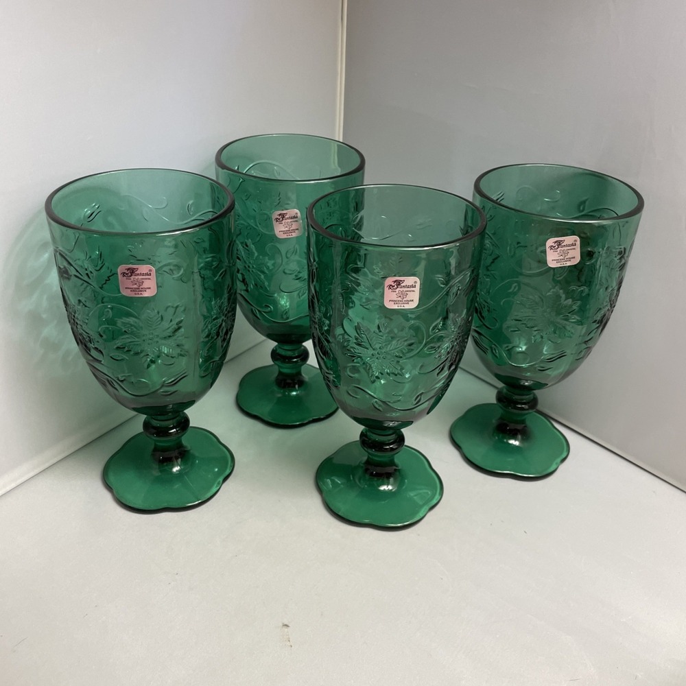 Princess House Fantasia Set‎ of 4 Emerald Green Ice Tea Glass Goblet 16 oz